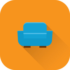 Armchair icon. Vector. Flat design with long shadow. Blue chair isolated on orange background. Furniture for living room.