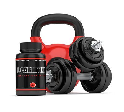 3D render of l-carnitine bottle with dumbbells and kettlebell