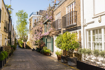 Elegant houses in a small exclusive mews with cobble stone street in South Kensington, London, UK - 158046067