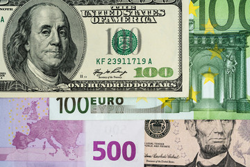 Euro and US dollar 100, 500, and 50 banknotes 