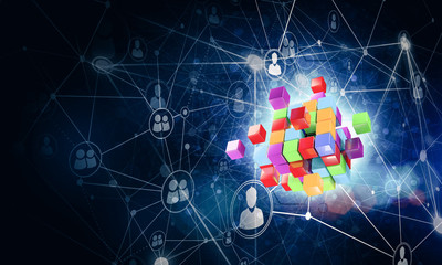 Concept of Internet and networking with digital cube figure on d
