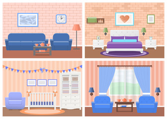 Rooms interiors. Vector furniture. Living room, bedroom, hotel, baby room in flat design. Cartoon house equipment couch, bed, crib, armchair, table, wardrobe, lamps. Set of animated illustrations.