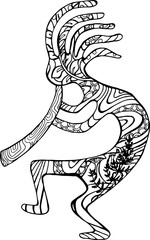Black-and-white illustration of the ancient deity of Kokopelli