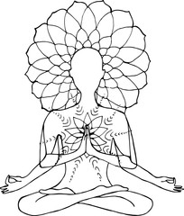 Silhouette of a meditating man with a flower and four hands.