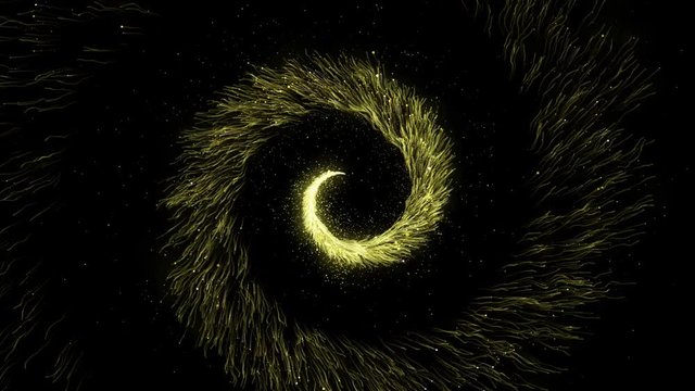 Gold glittering spiral trail of sparkling dust particles on black background. Twisted magic comet tail. Golden twirl spinning flying particles.