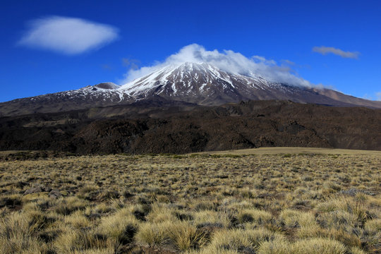 Snowcovered Volcano Tromen in northern Patagonia, Argentina