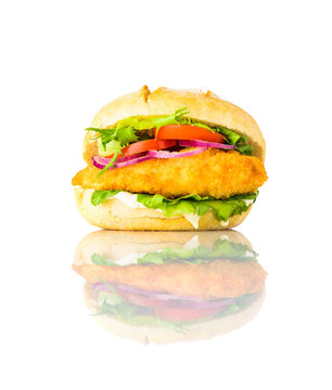 Chicken burger Sandwich Isolated on White Background