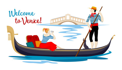 Naklejka premium A colorful cartoon drawing, where a young gondolier in a vest and hat drives a tourist on a gondola, sitting on a boat and photographing the Rialto Bridge on a channel in the town of Venice.