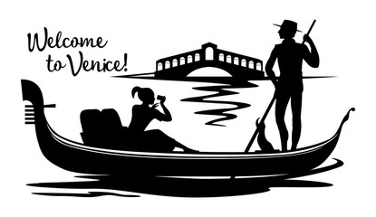 A silhouette black cartoon drawing, where a young gondolier in a vest and hat drives a tourist on a gondola, sitting on a boat and photographing the Rialto Bridge on a canal in the town of Venice. - obrazy, fototapety, plakaty