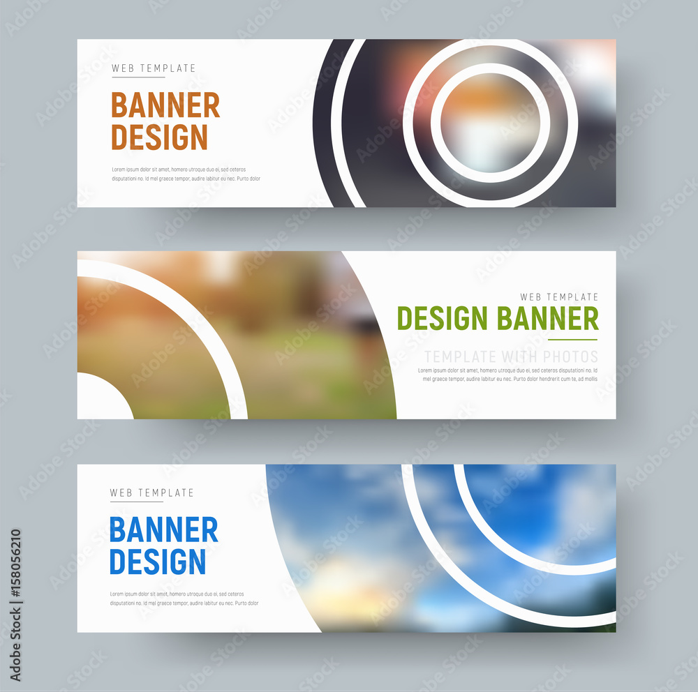 Poster set of white standard banners with round design elements for the image.