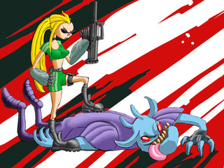 Cool monsters killer girl with rifle standing over a fallen demon. Science fiction illustration.