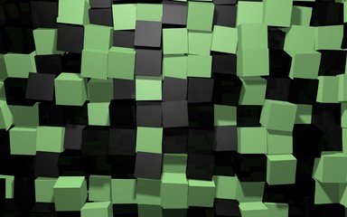 Abstract beautiful creative background of black and green extended and dented random rotated cubes wall with reflections for desktop, site, banner, backdrop, wallpapper. 3d Render Illustration