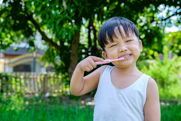 Fototapeta premium Asian Little boy brushing teeth, healthy concept.Close up