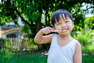 Fototapeta premium Little beautiful asian boy brushing teeth, healthy concept.Close up