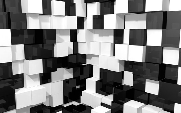 Abstract beautiful creative background of black and white random extended and dented cubes corner of two intersection walls with reflections for desktop, site, banner, wallpapper. 3d Render
