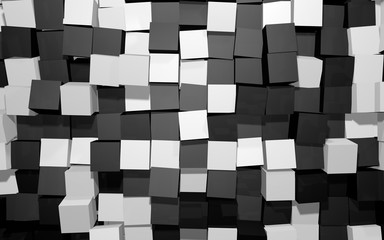 Abstract beautiful creative background of black and white extended and dented random rotated cubes wall with reflections for desktop, site, banner, backdrop, wallpapper. 3d Render Illustration