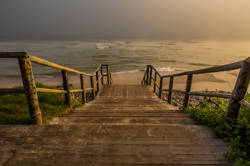 Obraz premium Foggy morning at the Baltic sea coast. Jastrzebia Gora, Poland