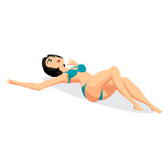 Fototapeta na wymiar Young woman in bikini sunbathing lying on the beach. Vector flat cartoon illustration isolated on a white background