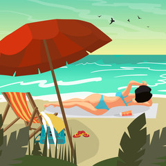 Obraz na płótnie Canvas Sea landscape summer beach. Young woman in bikini sunbathing lying on sand. Vector flat cartoon illustration