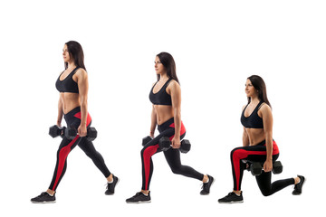 Technique exercises for the buttocks with dumbbells in hands on a white isolated background, sports woman, left side