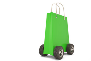 Shopping Bag box with wheels shipping concept.3D illustration