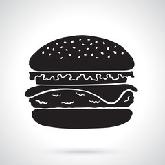 Vector illustration. Silhouette of hamburger with cheese, tomato and salad. Unhealthy food. Patterns elements for menus, signboards, showcases, wallpapers