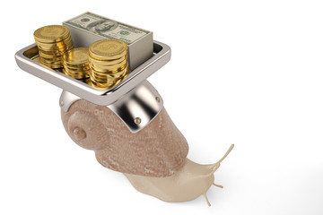Gold coins and dollars on snail.3D illustration.