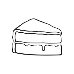 Vector illustration. Hand drawn doodle of a piece of cake with glaze cream fondant and confiture. Cartoon sketch.  Decoration for menus, signboards, showcases, greeting cards, wallpapers