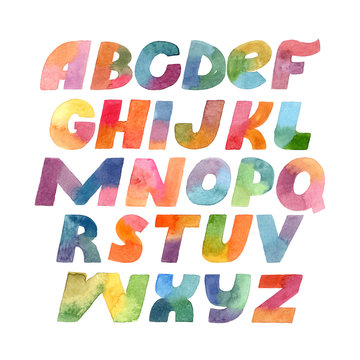 Colorful raster bold letters hand drawn with brush and gradient watercolor isolated on white background. Large font illustration with letters sequence from A to Z in bright colors. English characters