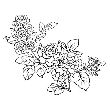Outline vintage flowers bouquet or pattern in rococo, victorian, renaissance, baroque, royal style. Coloring page. Stock line vector illustration.