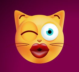 Cute Kissing and Winking an Eye Emoticon Cat on Black Background . Isolated Vector Illustration 