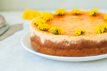 Close up of homemade New York style cheesecake garnished with dandelions served on a white plate on a white stone background.