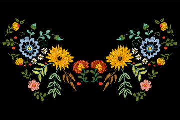 Embroidery native neckline pattern with fantasy flowers. Vector embroidered traditional floral design for fashion wearing.