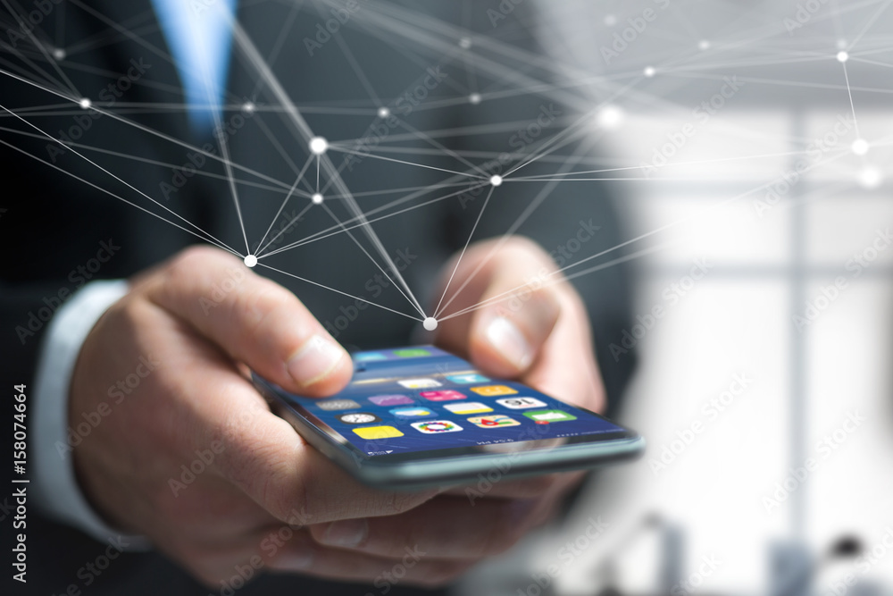 Poster hand of a businessman holding smartphone with operating system screen and network connection
