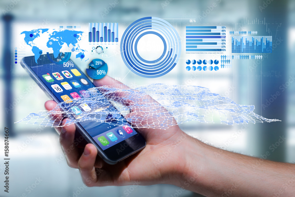 Poster business stats displayed as graph and chart on a futuristic interface - business concept