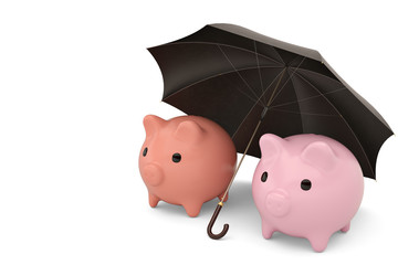 Two piggy bank under umbrella.3D illustration