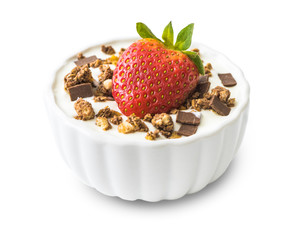 Bowl of Yogurt with Strawberry and Muesli Isolated on White Background