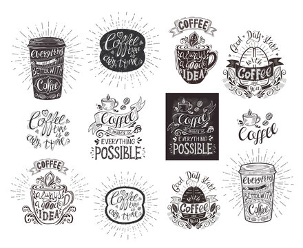 Set of coffee quotes. Vector hand-drawn lettering.