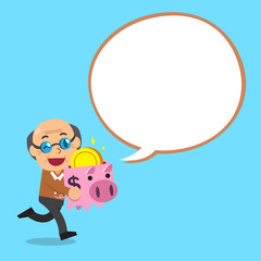 Cartoon senior man carrying piggy bank with white speech bubble