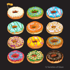 Set of colorful glazed donuts with sprinkles. 12 home made donuts in pastel tones with different fillings and toppings. Vector Illustration