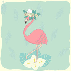 Romantic pink flamingo with floral tropical wreath. Vector hand drawn illustration.