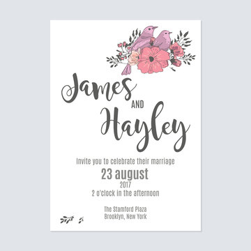 Flower wedding invitation card template vector with a bouquet and a bird in the corner