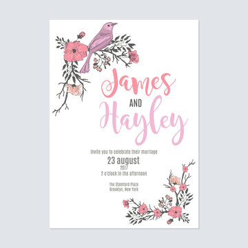 A bright pink holiday floral wedding invitation card template vector