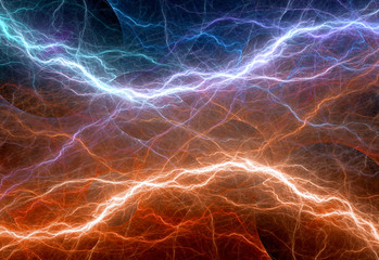Cold blue and hot orange lightning, clash of the elements