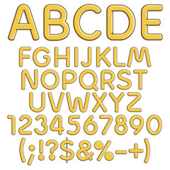 Gold alphabet, numbers and signs. Isolated vector objects on white background.