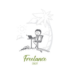 Vector hand drawn Freelance concept sketch. Smiling freelancer sitting and working with laptop, palms and beach at background