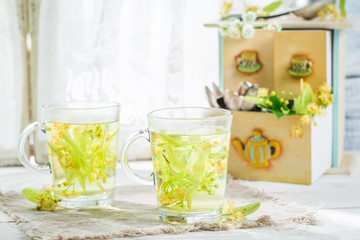 Healing linden tea with honey on white table