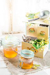 Healthy fresh linden leaves and sweet honey