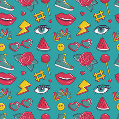 Vector seamless pattern with retro patches.