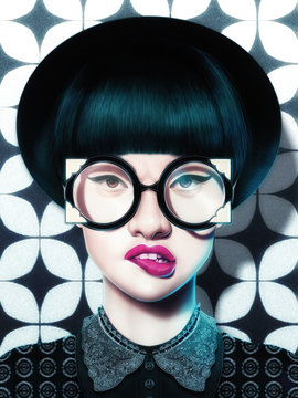 Portrait of woman wearing big eyeglasses biting lips